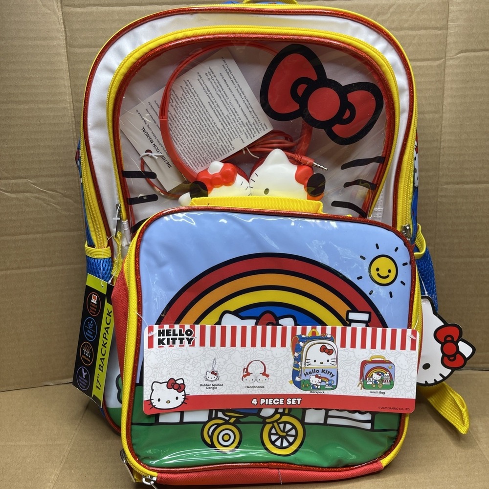Hello Kitty 4 Piece Backpack Set Lunch Bag Headphones Dangle NWT Sanrio 2025